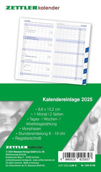 Zettler - Kalender-Ersatzeinlage 2025, 8,8x15,2cm, für den Taschenplaner Typ 530, 1 Monat auf 2 Seiten, Registerschnitt, Tages-, Wochen und Arbeitstagezählung, Mondphasen und Stundeneinteilung