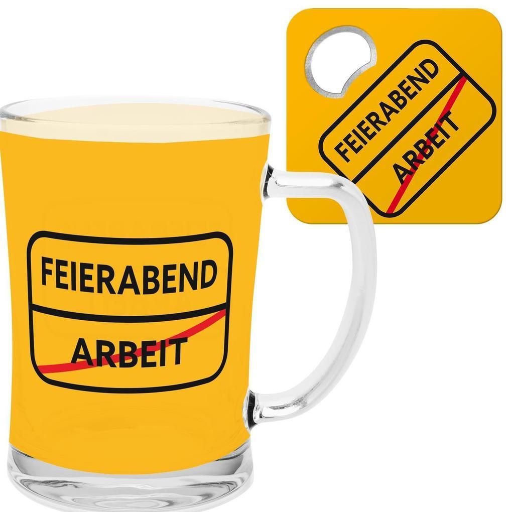 Geschenk-Set Motiv Feierabend, Bierglas mit Flaschenöffner: Geschenkartikel mit Spruch Feierabend