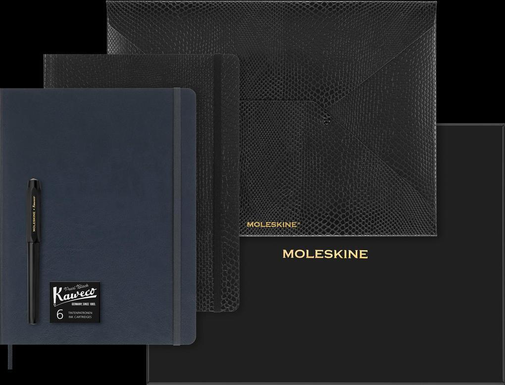 Moleskine Vegea Notizbücher (2x) XL liniert weicher Einband schwarz und Capri Petroleum mit Umschlag und Füllfederhalter