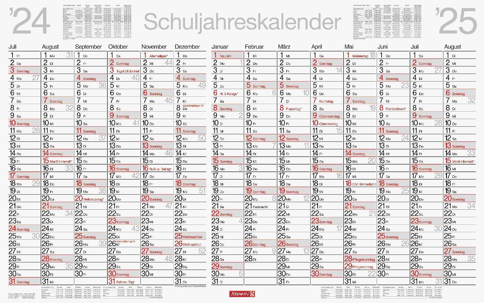 BRUNNEN Schuljahreskalender abwischbar (2024/2025), 1 Seite = 14 Monate