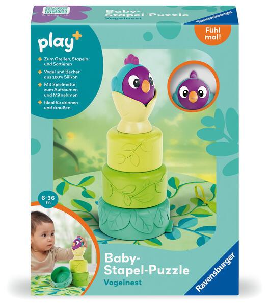 Ravensburger 4857 Play+ Baby-Stapel-Puzzle: Vogelnest, Montessori-Puzzle, Silikon, Saugnapf-Spielzeug für Baby ab 6 Monaten