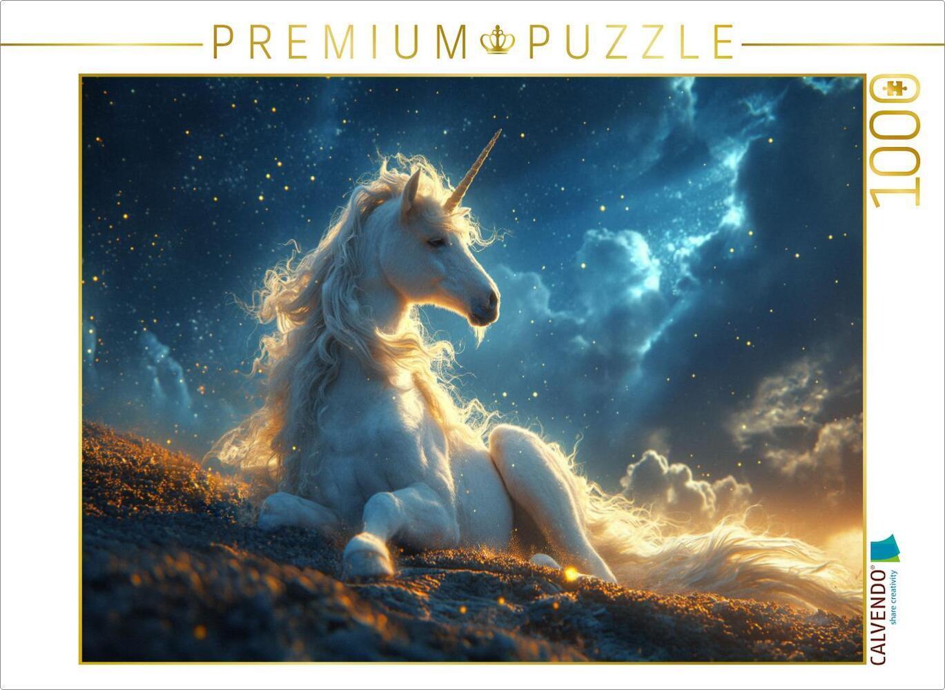 CALVENDO Puzzle Anmut im Sternenlicht: Das weiße Einhorn auf der Nachtwiese | 1000 Teile Lege-Größe