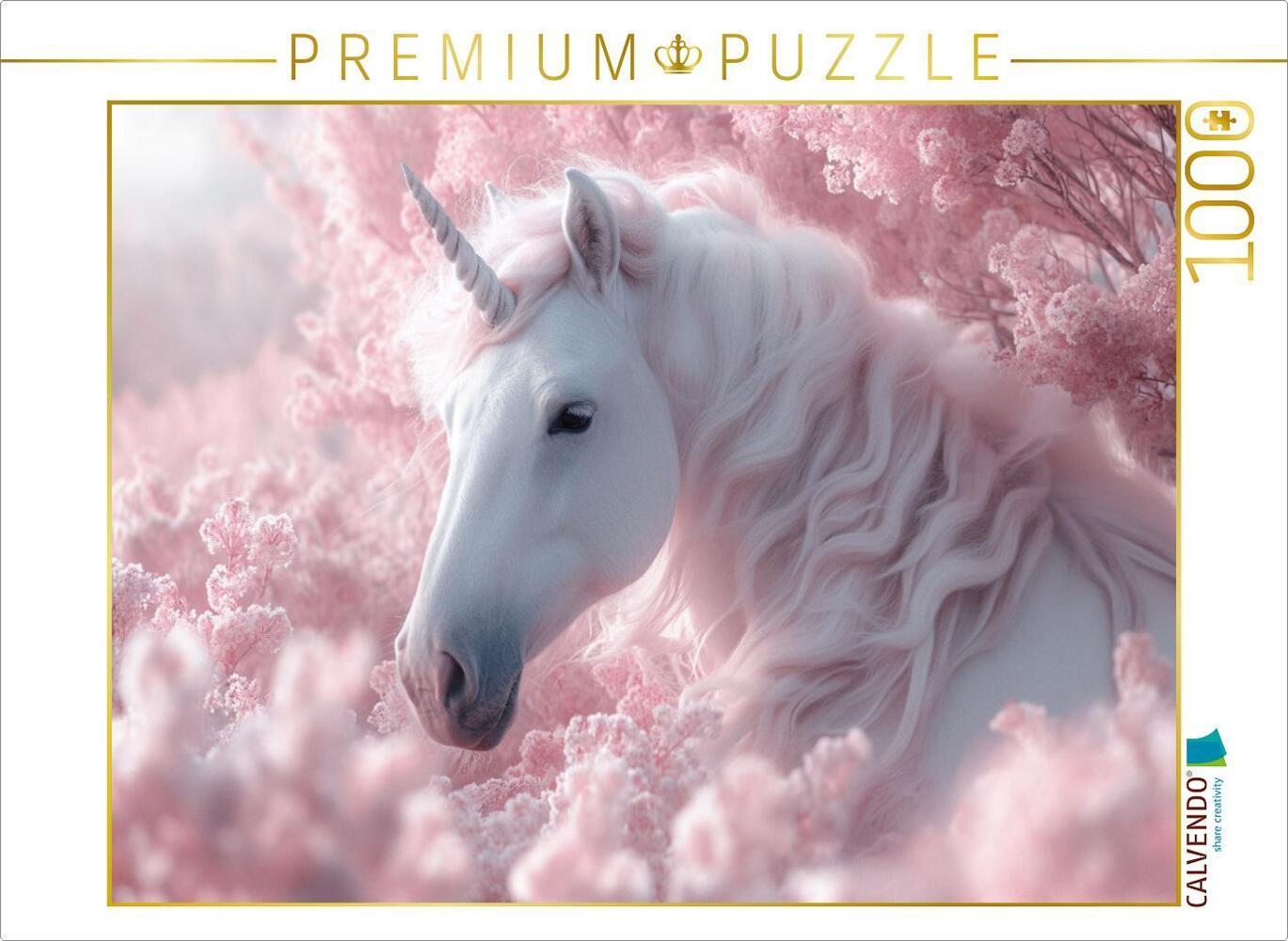 CALVENDO Puzzle Rosa Träumerei: Ein Einhorn im Blütenrausch | 1000 Teile Lege-Größe 64x48cm Foto-Puz