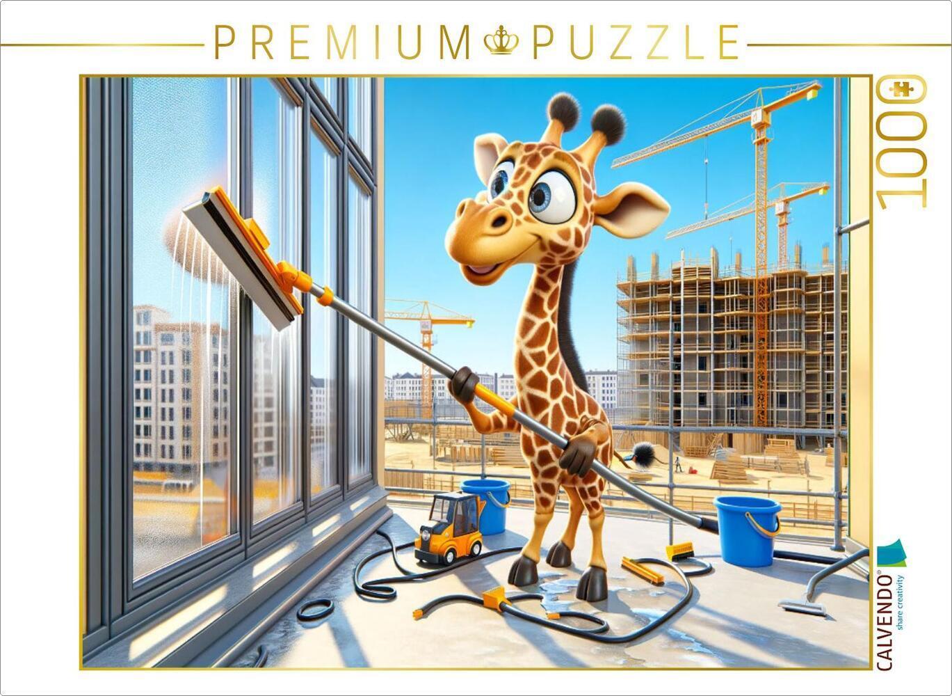 CALVENDO Puzzle Die geschickte Giraffe als Fensterputzer: Hoch hinaus für klare Sicht | 1000 Teile L