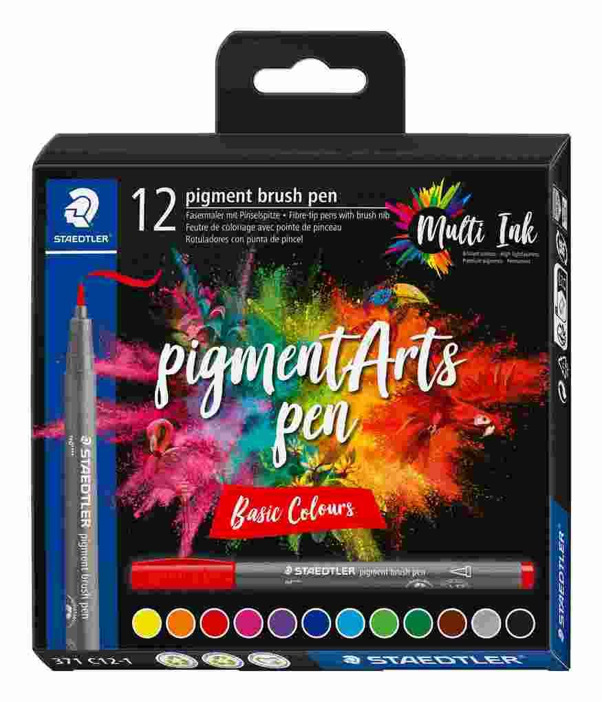 STAEDTLER Schreib- und Zeichbedarf pigment brush Fasermaler Pinselspitze, Basic Colours, 12er Set