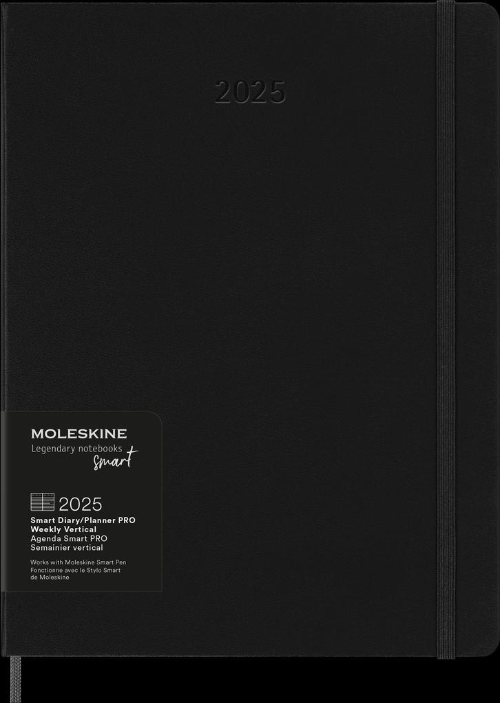 Moleskine 12 Month 2025 PRO Smart Weekly Vertical Planner, Hard Cover, XL (7.5" x 9.5") Black - Compatible with Moleskine Pen+ (Sold Separately) & App