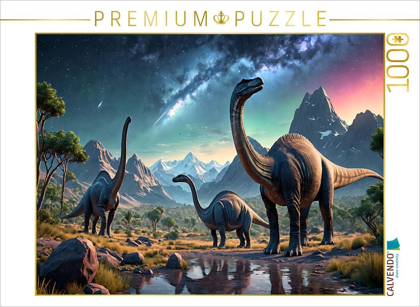 CALVENDO Puzzle Dinosaurier unter urzeitlichem Sternenhimmel | 1000 Teile Lege-Größe 64x48cm Foto-Pu