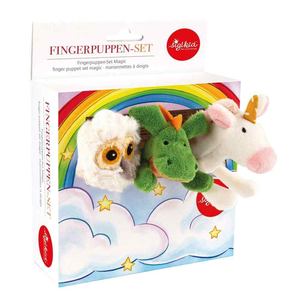 sigikid 43368 - Fingerpuppen Fantasie 3er Set, Einhorn, Eule, Drache