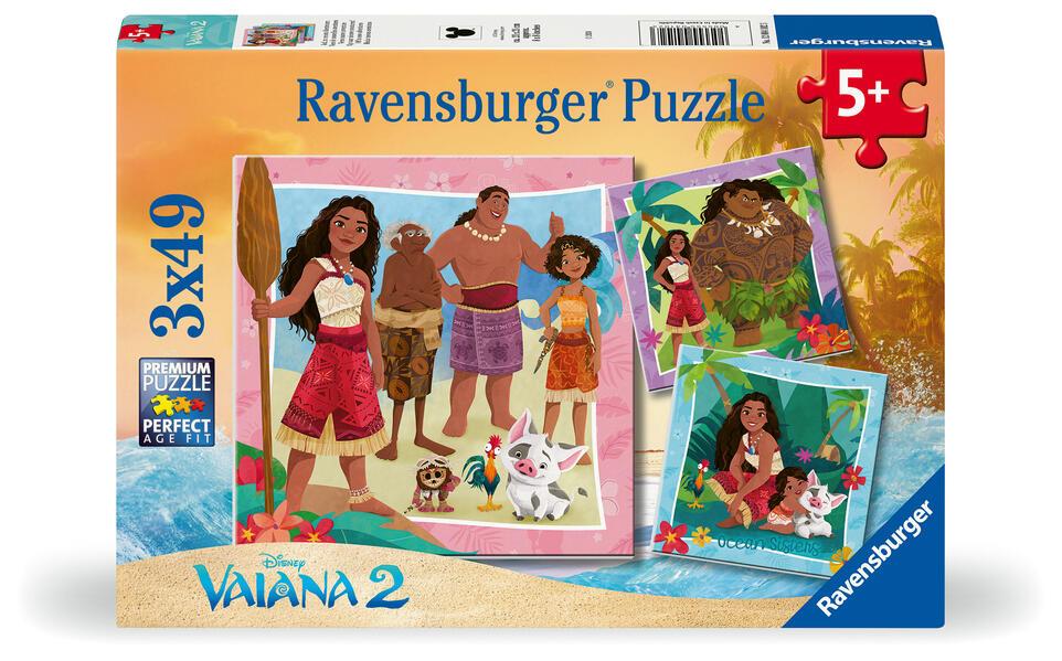 Ravensburger Kinderpuzzle 12004102 - Vaiana 2 Auf zu neuen Abenteuern - Puzzle für Kinder ab 5 Jahren, 3x 49 Teile