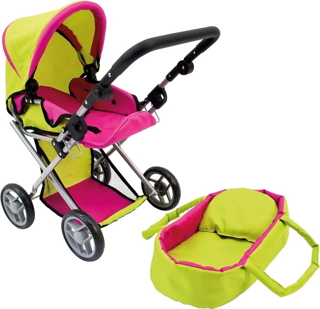 Bino 82910 - Puppenwagen mit Babytasche, für Puppen von ca. 45 cm, zusammenklappbar, grün-pink