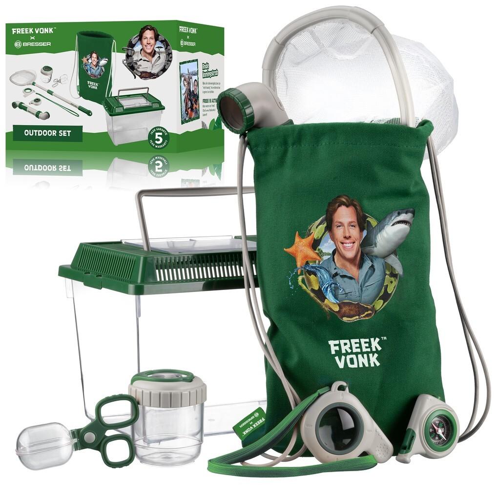 Freek Vonk 9820408 - BRESSER Outdoor-Set mit Terrarium, Insekten-Fangnetz, Periskop, Sammelwerkzeug, Kompass mit Pfeife, Lupe, Lupendose, Tragebeutel, 8-teilig