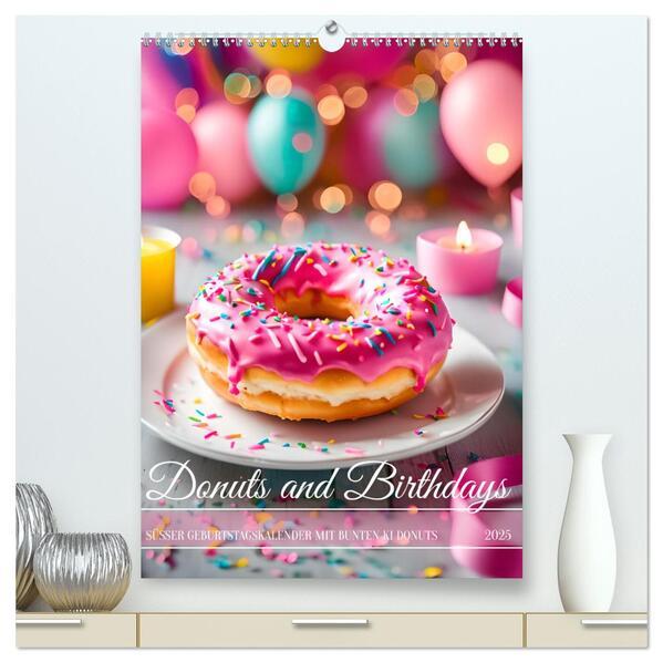 Donuts and Birthdays, süßer Geburtstagskalender mit bunte KI Donuts (hochwertiger Premium Wandkalender 2025 DIN A2 hoch), Kunstdruck in Hochglanz