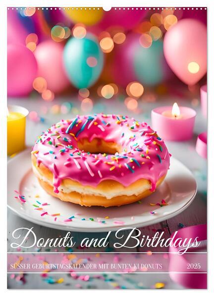 Donuts and Birthdays, süßer Geburtstagskalender mit bunte KI Donuts (Wandkalender 2025 DIN A2 hoch), CALVENDO Monatskalender