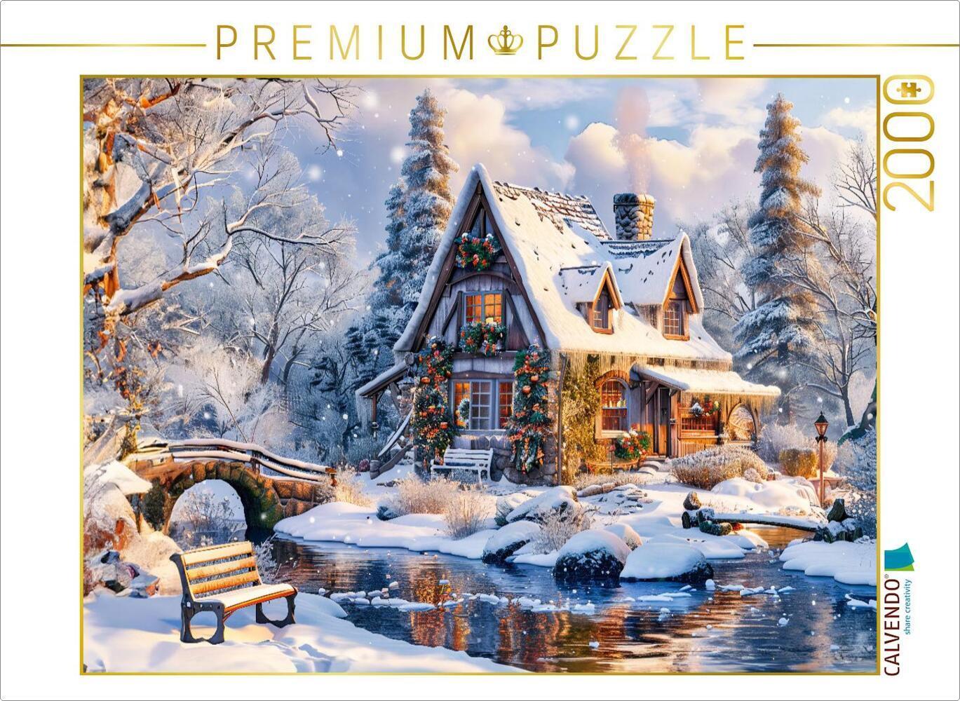 CALVENDO Puzzle Cottage Haus am Wasser zur Weihnachtszeit | 2000 Teile Lege-Größe 90x67cm Foto-Puzzl