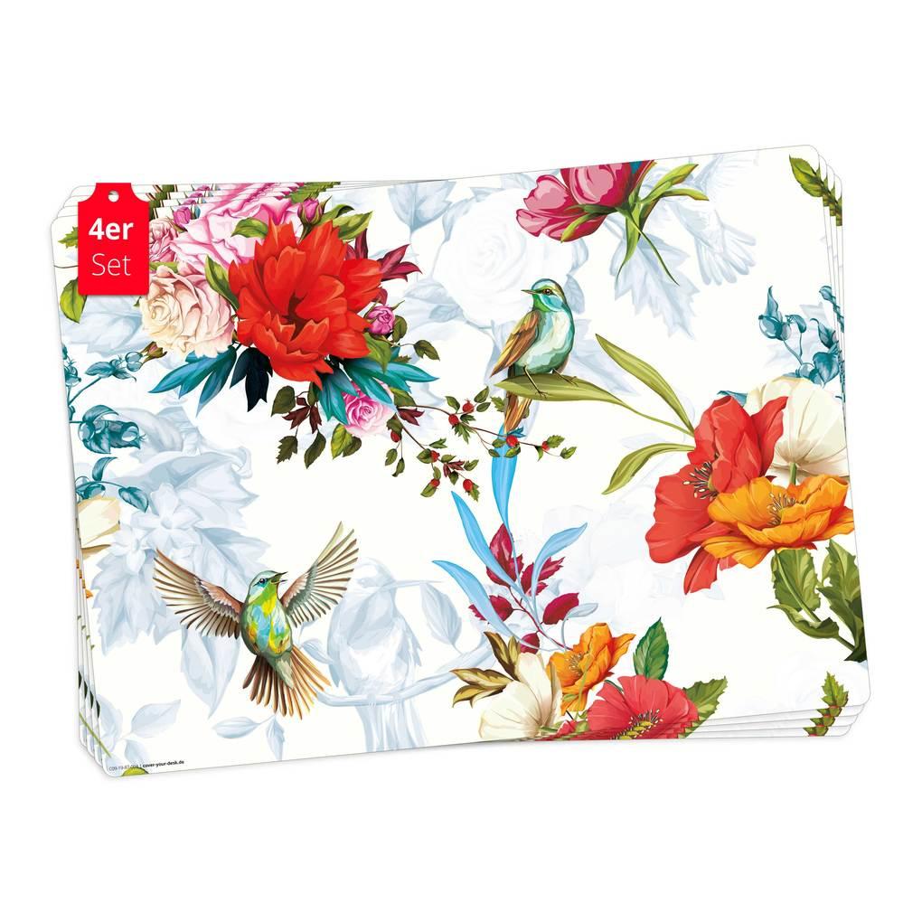 Tischsetmacher Tischsets Bunte Kolibris mit Wildblumen, aus hochwertigem Vinyl (4 Stück), 44 x 32 cm