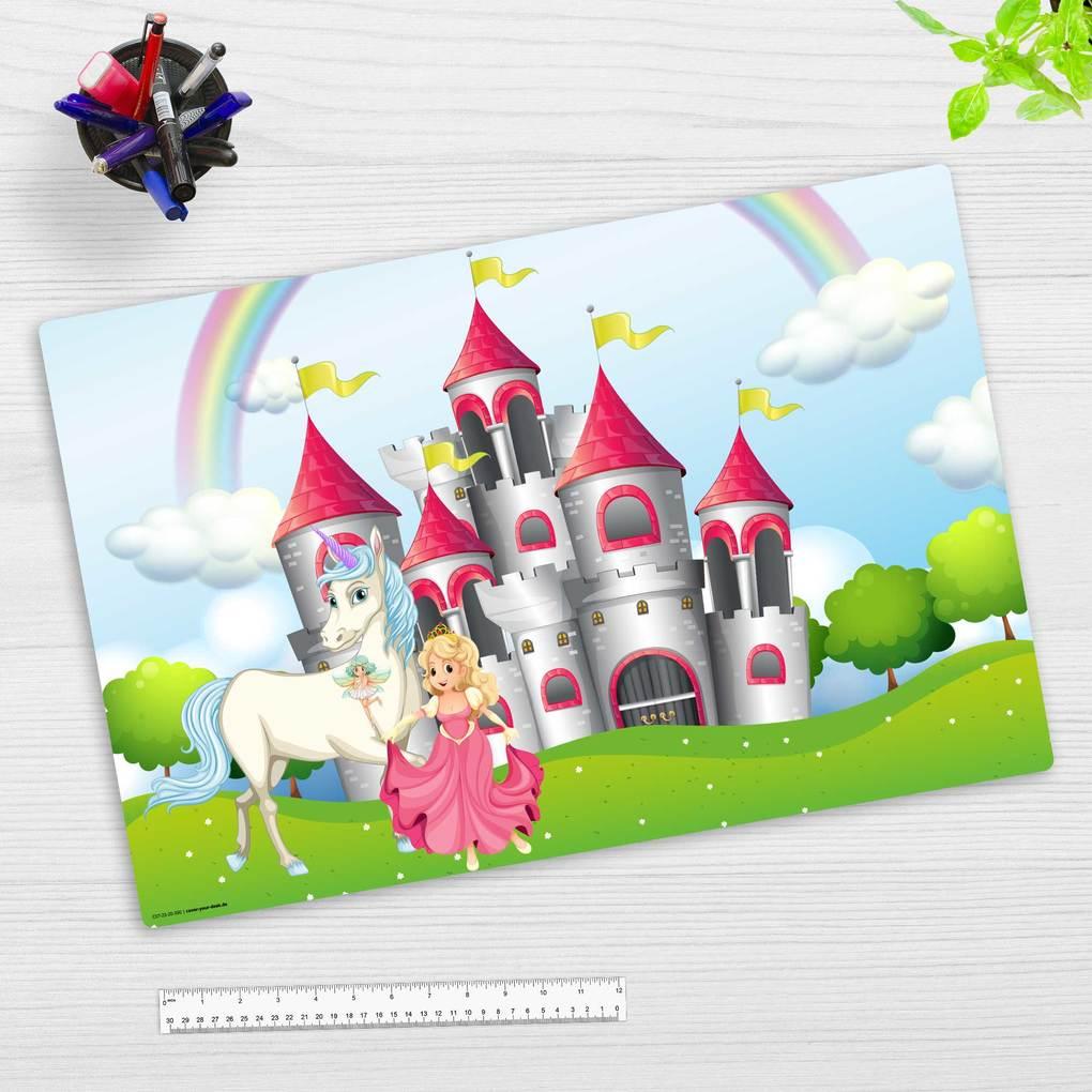 Cover-your-desk Schreibtischunterlage für Kinder Märchenschloss mit Einhorn und Prinzessin, aus hochwertigem Vinyl , 60 x 40 cm