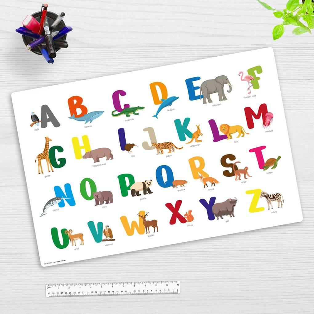 Cover-your-desk Schreibtischunterlage für Kinder abc mit Tieren - französisch, aus hochwertigem Vinyl , 60 x 40 cm