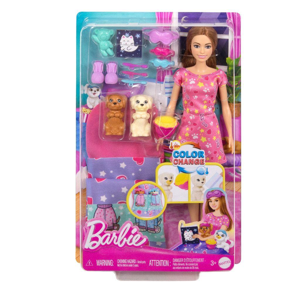 Barbie Puppe und Welpen Pyjama-Party-Spielset