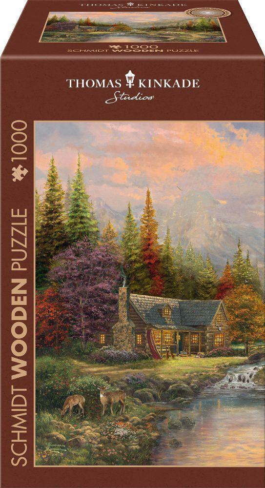 Schmidt Spiele 59799 - Bergkulisse mit Bach, Puzzle Thomas Kinkade 1.000 Teile - Holzpuzzle