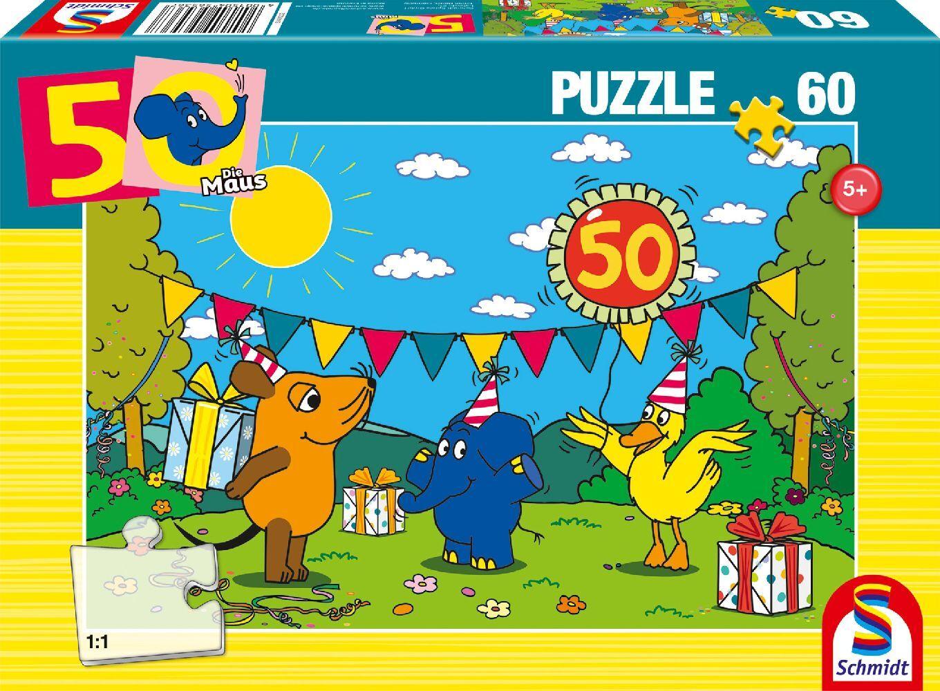 Schmidt Spiele 56536 - Alles Liebe zum 50. Geburtstag Elefant, 60 Teile, Kinderpuzzle Die Maus