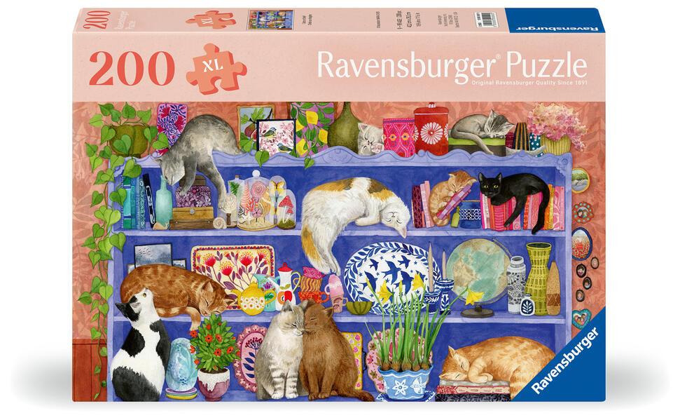 Ravensburger Puzzle 12001367 - Katzen im Regal - Puzzle für ältere Menschen und Senioren, mit 200 extra griffigen Puzzleteilen, großer Bildvorlage und Unterlage zum Puzzeln