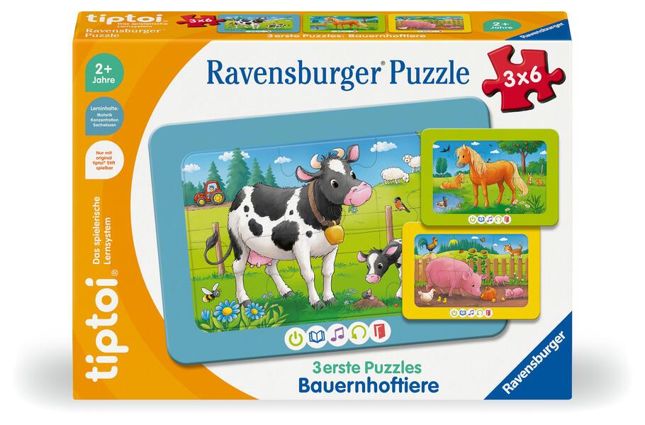 Ravensburger tiptoi Puzzle 00229 - 3 erste Puzzles: Bauernhoftiere, niedliche Rahmenpuzzles für Kinder ab 2 Jahren