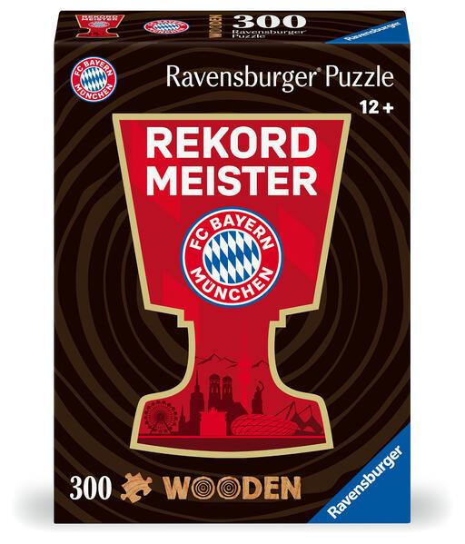 Ravensburger WOODEN Puzzle 12001342 - FC Bayern München - 300 Teile Kontur-Holzpuzzle mit stabilen, individuellen Puzzleteilen und 25 kleinen Holzfiguren = Whimsies, für FC Bayern Fans ab 12 Jahren