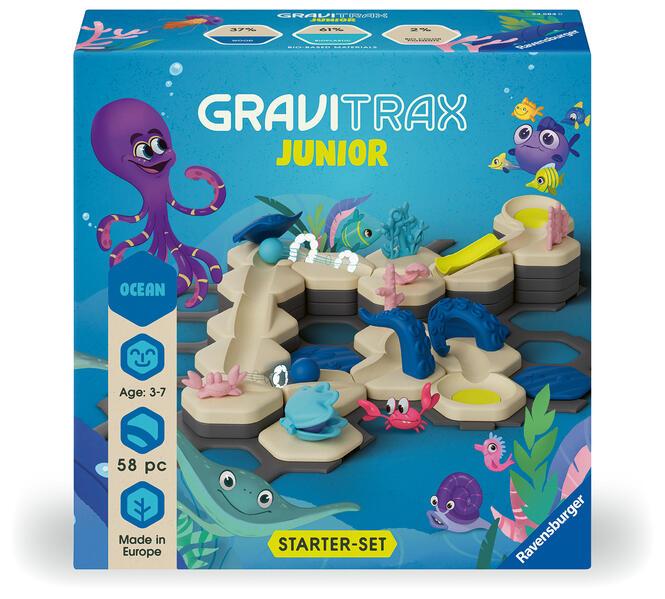 Ravensburger GraviTrax Junior Starter-Set S Ocean - Erweiterbare Kugelbahn für Kinder, Murmelbahn aus umweltfreundlichen Materialen mit Themenwelten, Konstruktionsspielzeug ab 3 Jahren