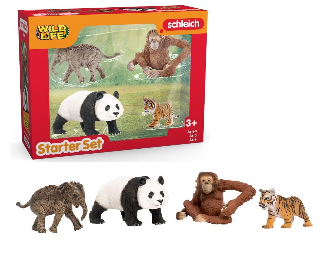 Schleich 42736 - Wild Life, Asien Starter Set, 4-teilig (Asiat.Elefantenbaby/Panda/Orang-Utan/Tigerjunges)