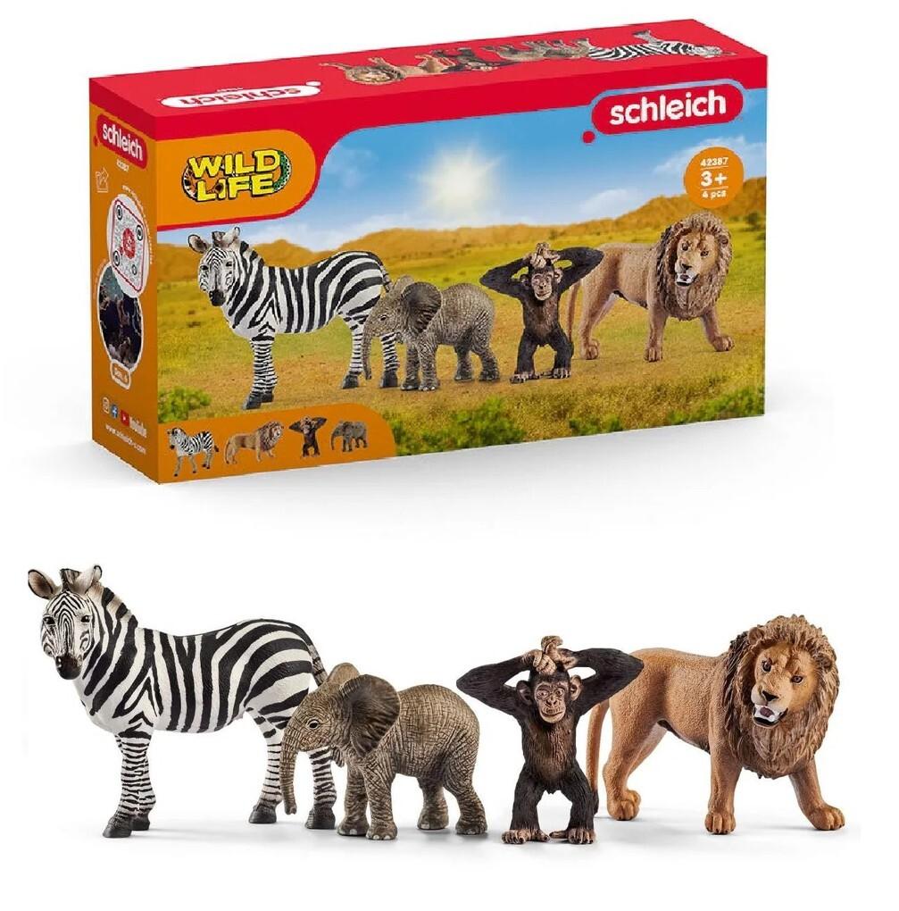 Schleich 42721 - Wild Life, Afrika Starter Set, 4-teilig, (Löwe/Zebra/Elefant/Schimpanse)