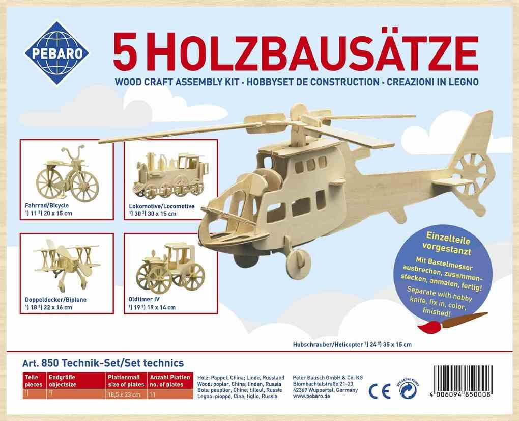 PEBARO 850 - Holzbausatz Technik-Set, Lokomotive, Fahrrad, Hubschrauber, Oldtimer und Doppeldecker