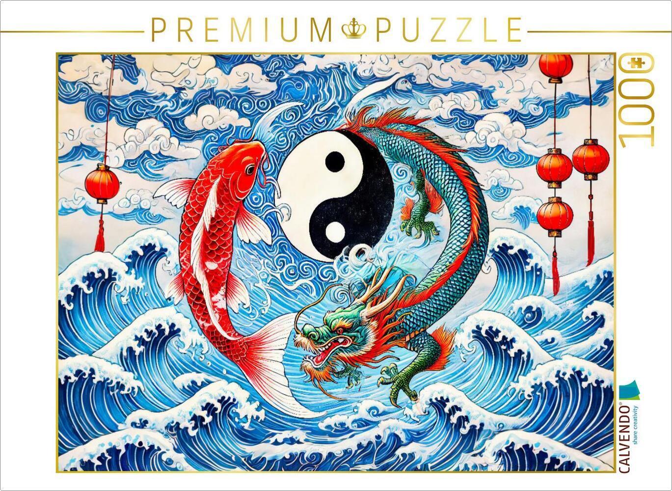 CALVENDO Puzzle Yin und Yang - Koi und Drache im asiatischen Malstil | 1000 Teile Lege-Größe 64x48cm