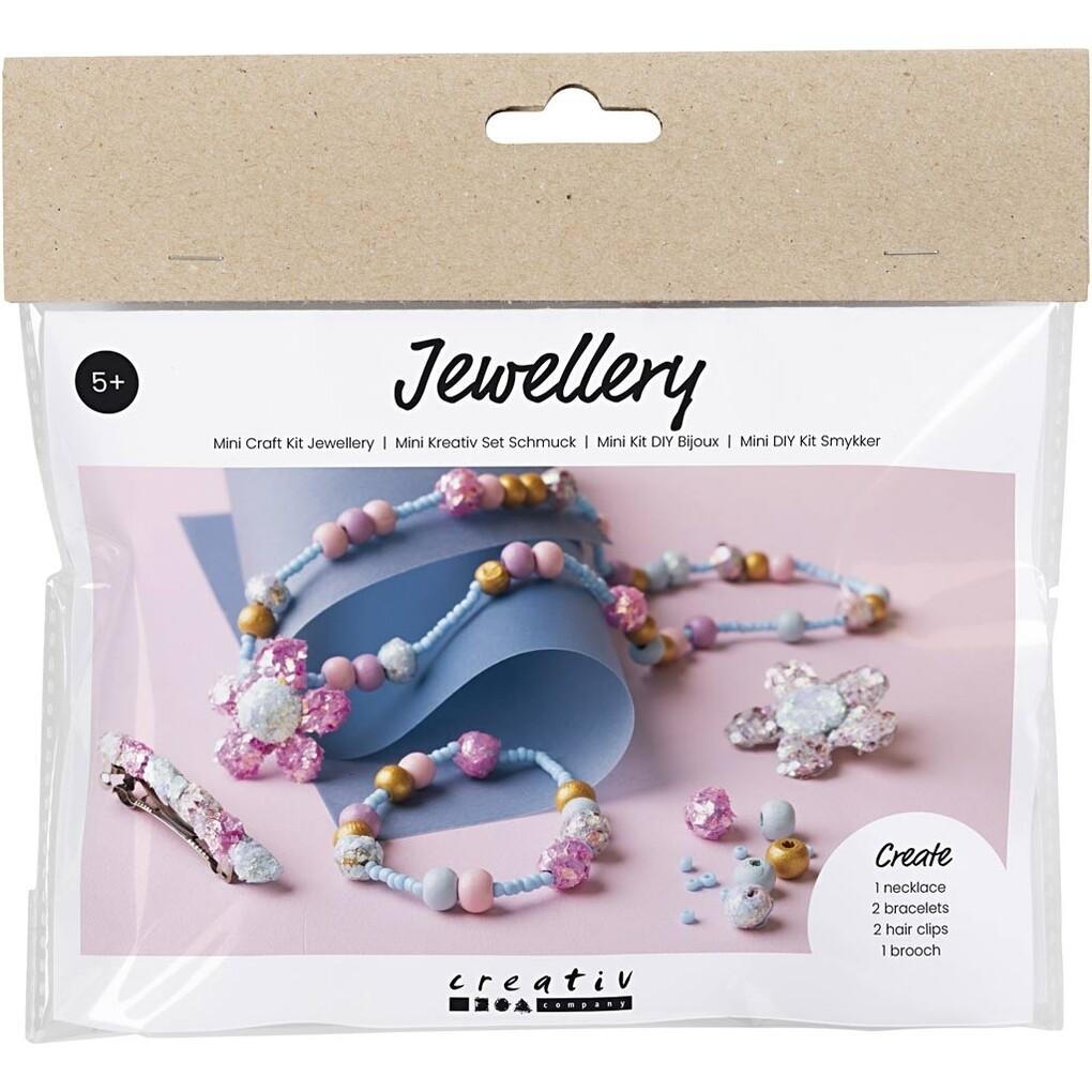 Creativ Company Mini Kreativ Set Schmuck, Halskette, Armband, Clips, Brosche, Blau, Hellblau, Pastellpink