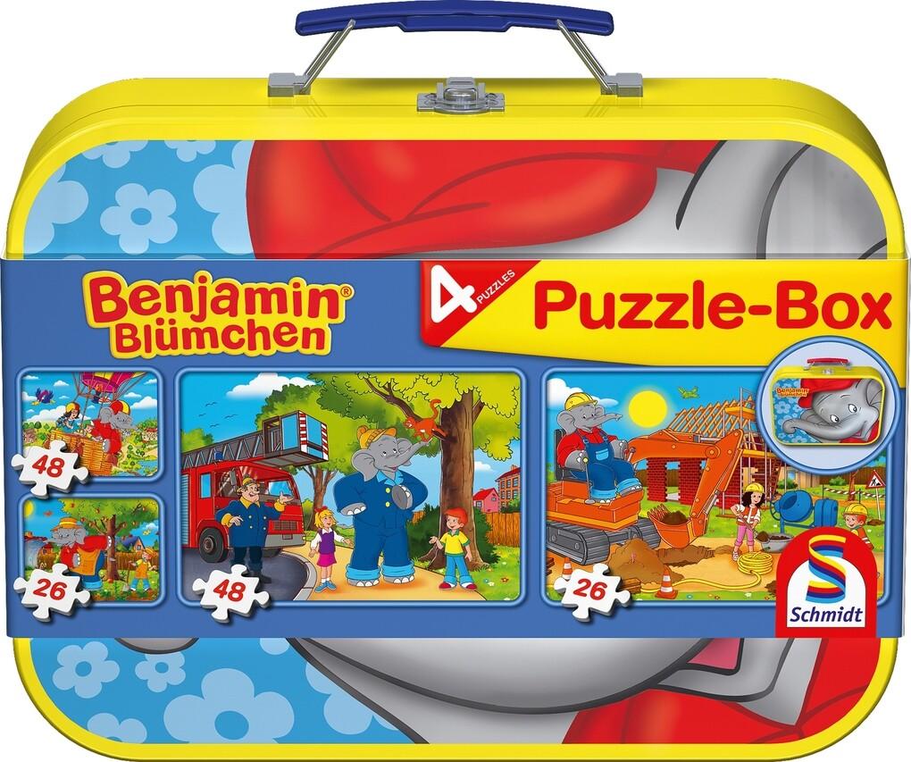 Schmidt Spiele - Benjamin Blümchen, Puzzle-Box, 2x26, 2x48 Teile im Metallkoffer
