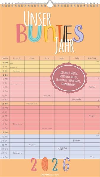 Unser buntes Jahr 2026 Familienplaner - Familien-Timer 26x45 cm - Offset-Papier - mit Ferienterminen - Wand-Planer - Familienkalender - Alpha Edition
