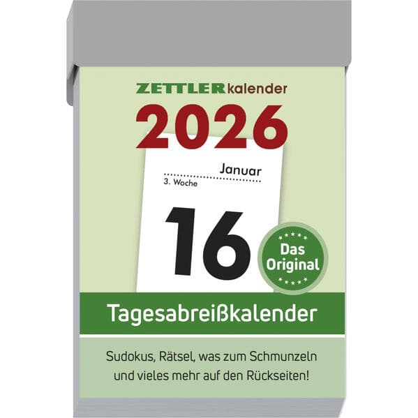 Tagesabreißkalender S 2026 - 4,1x5,9 cm - 1 Tag auf 1 Seite - mit Sudokus, Rezepten, Rätseln uvm. auf den Rückseiten - Bürokalender 301-0000