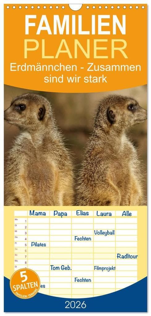 Familienplaner 2026 - Erdmännchen - Zusammen sind wir stark mit 5 Spalten (Wandkalender, 21 x 45 cm) CALVENDO