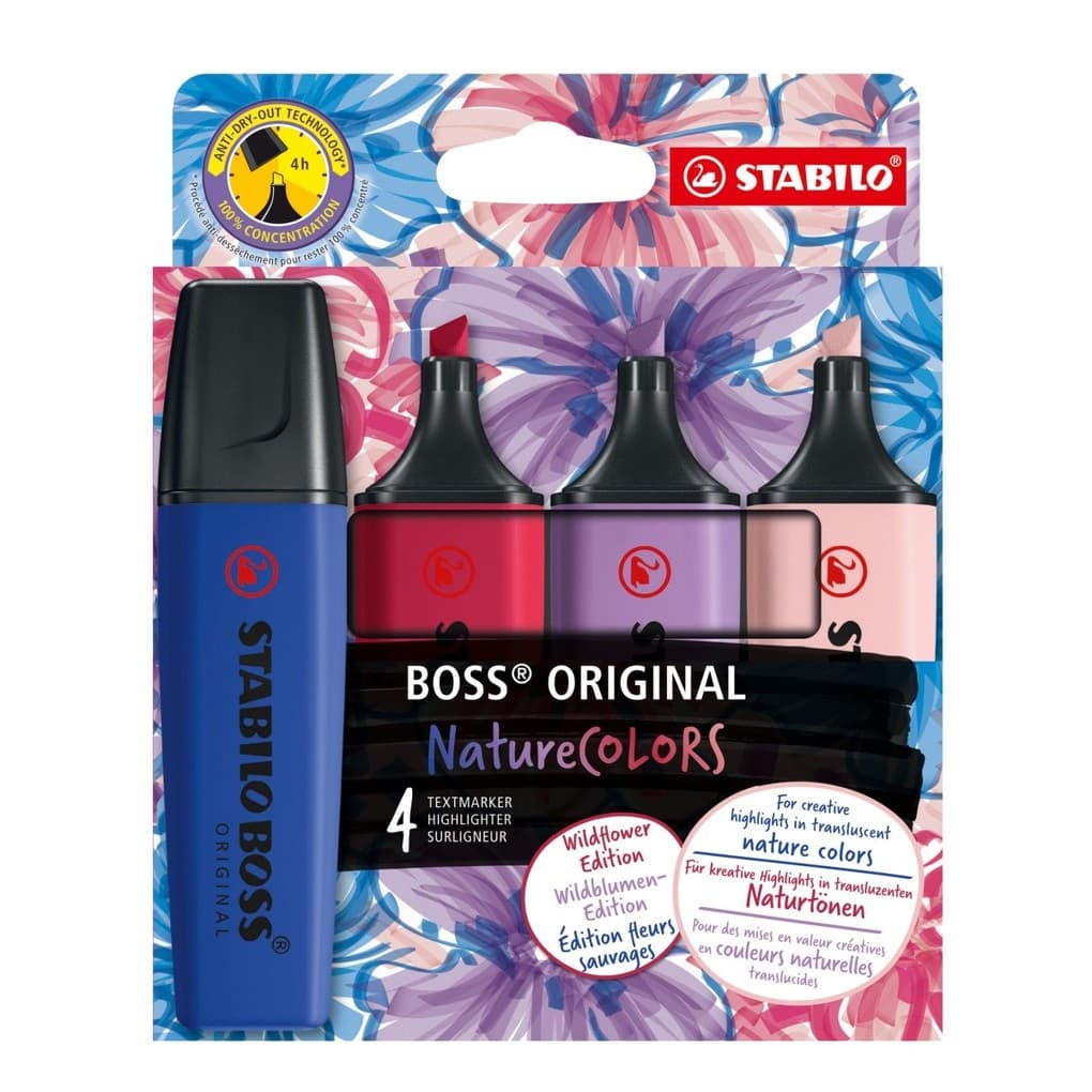 STABILO Textmarker - BOSS ORIGINAL NatureCOLORS Wildflower, 4er Set, rouge, ultramarinblau, grauviolett, burgunderrot
