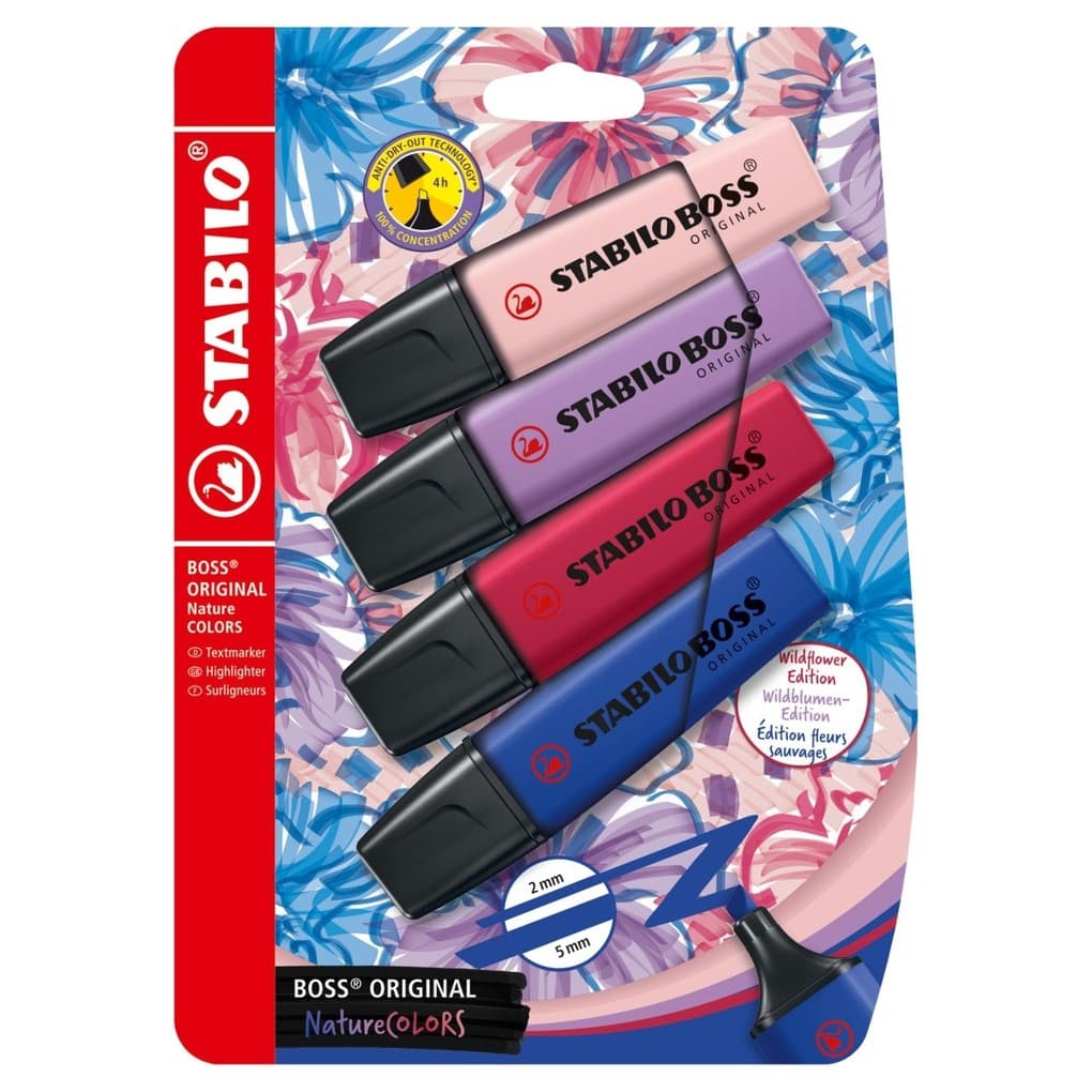 STABILO Textmarker - BOSS ORIGINAL NatureCOLORS Wildflower, 4er Set, rouge, ultramarinblau, grauviolett, burgunderrot