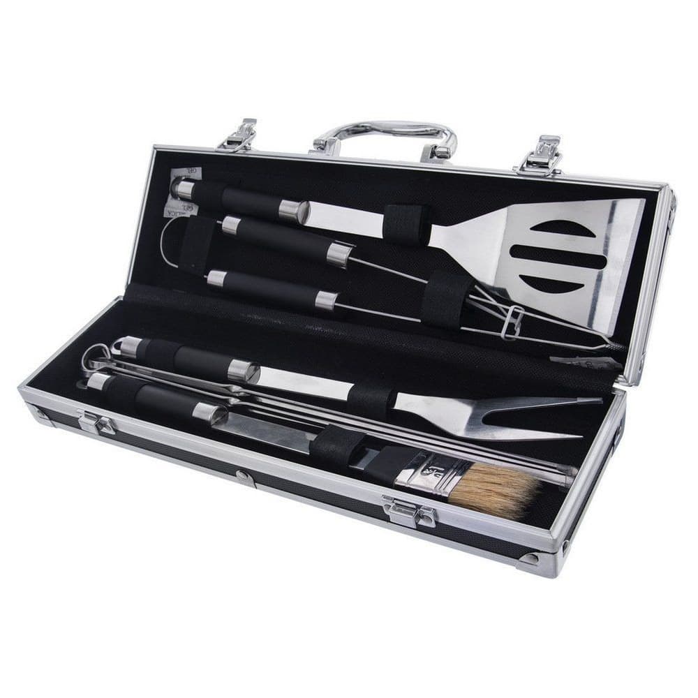 Grillbesteck-Set aus Stahl im 9-teiligen Koffer.