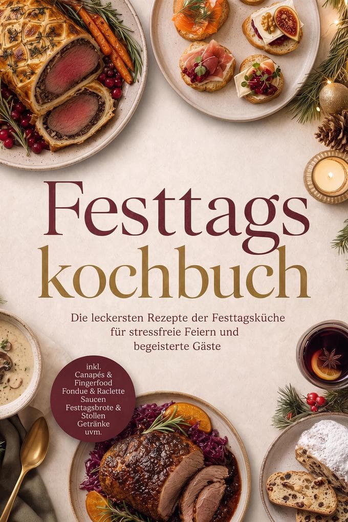 Festtagskochbuch: Die leckersten Rezepte der Festtagsküche für stressfreie Feiern und begeisterte Gäste - inkl. Canapés & Fingerfood, Fondue & Raclette, Saucen, Festtagsbrote & Stollen, Getränke uvm.