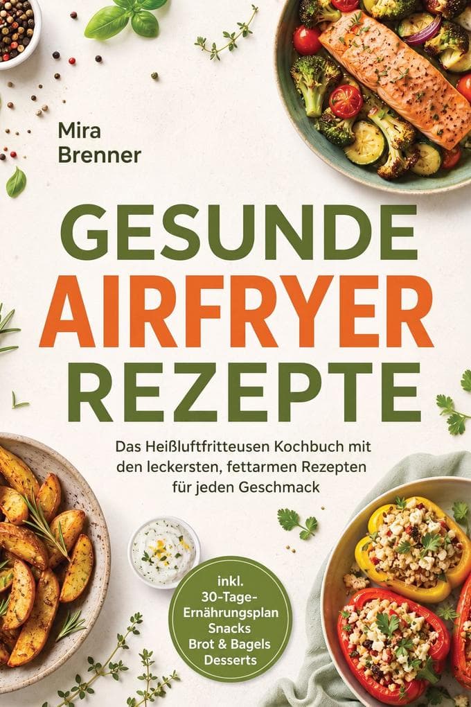 Gesunde Airfryer Rezepte: Das Heißluftfritteusen Kochbuch mit den leckersten, fettarmen Rezepten für jeden Geschmack - inkl. 30-Tage-Ernährungsplan, Snacks, Brot & Bagels, Desserts