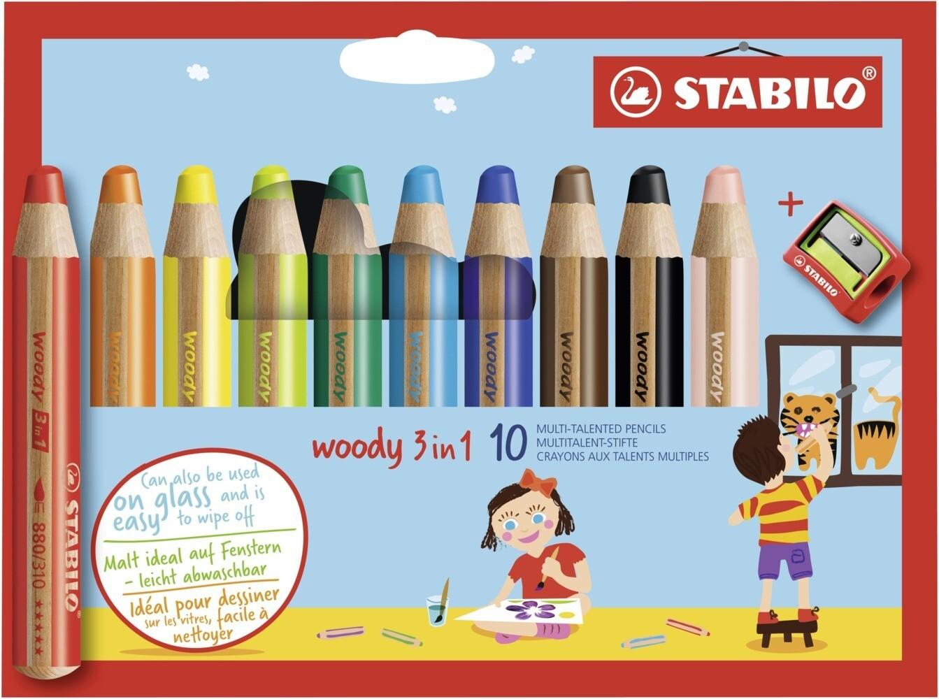 STABILO Buntstifte woody 3in1, 10er Set mit Spitzer