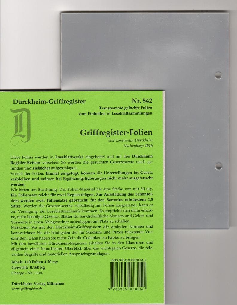 110 DürckheimRegister®-FOLIEN zum Einheften in Gesetzessammlungen