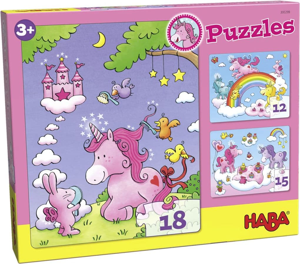 Puzzles Einhorn Glitzerglück. 3 Motive 12, 15, 18 Teile