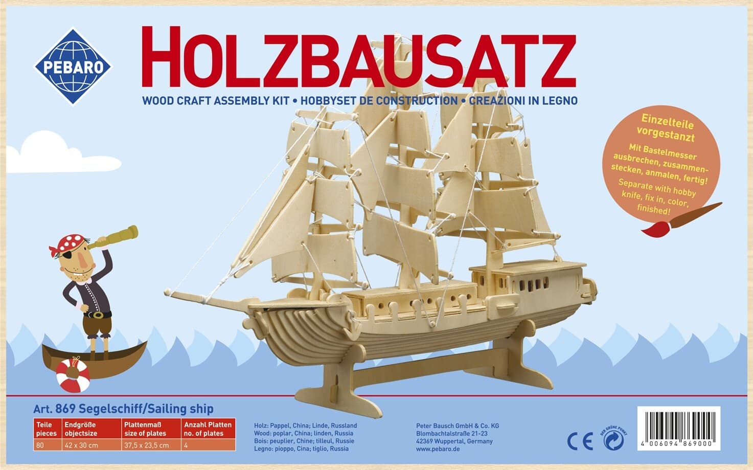 PEBARO 869 - Holzbausatz Segelschiff, 80 Teile, Holzkonstruktion zum Zusammenstecken