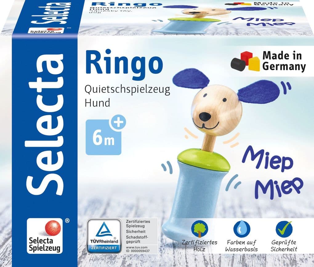 Schmidt Spiele - Selecta - Ringo Hund, Greifling mit Quietsche, 12 cm