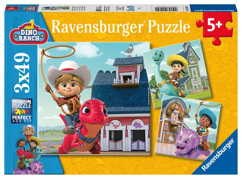 Ravensburger Kinderpuzzle 05589 - Jon, Min und Miguel - 3x49 Teile Dino Ranch Puzzle für Kinder ab 5 Jahren