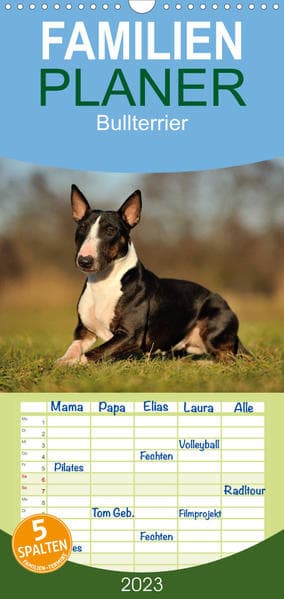 Familienplaner Bullterrier 2023 - Kleine Clowns mit großem Herz (Wandkalender 2023 , 21 cm x 45 cm,