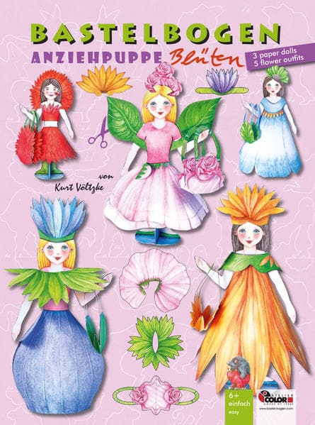 Blüten Anziehpuppen aus Papier basteln Bastelbogen Ausschneidebogen